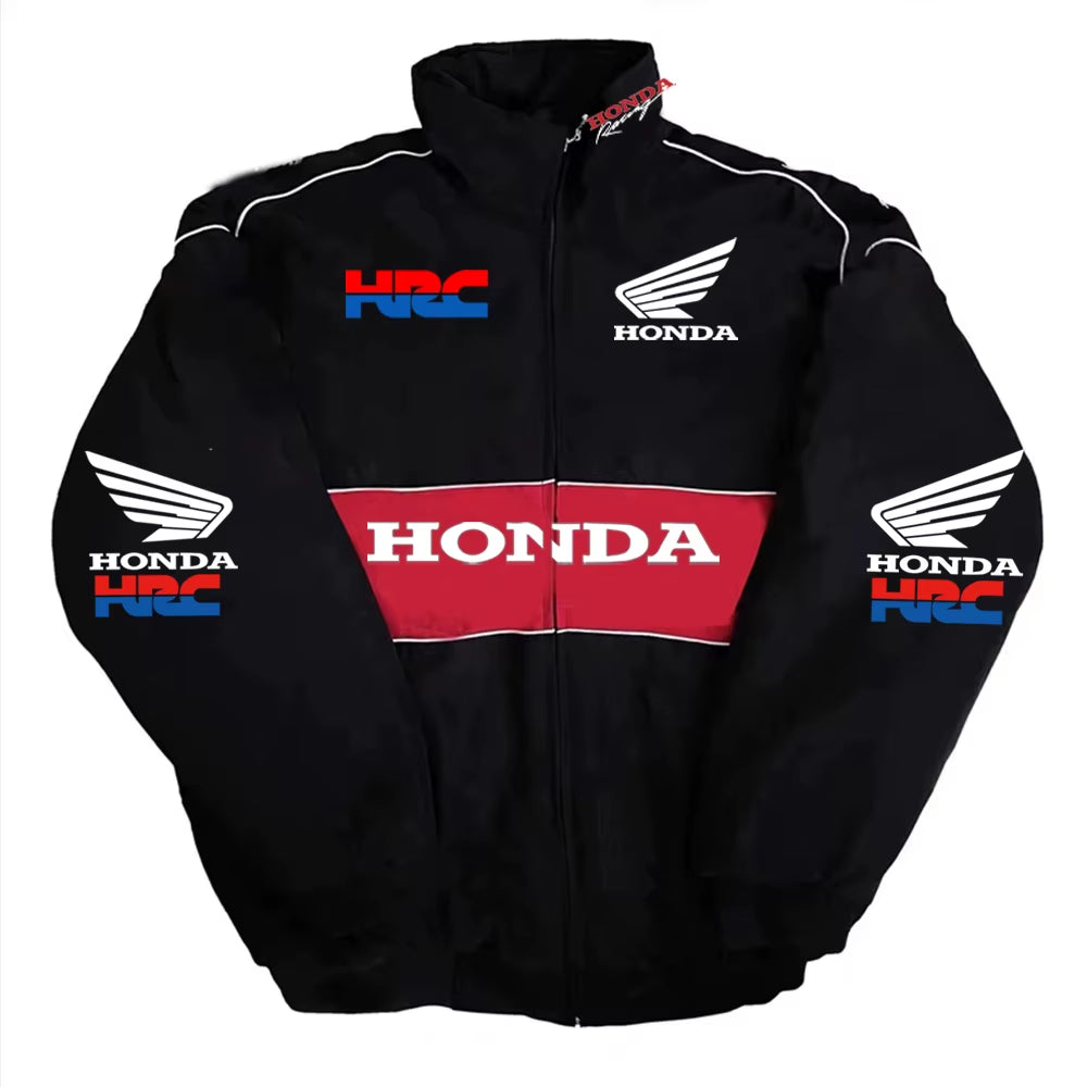 Men'S Winter Racing Jacket: Stand Collar Vintage Style with Custom Back Print, Logo Design & Windproof Features