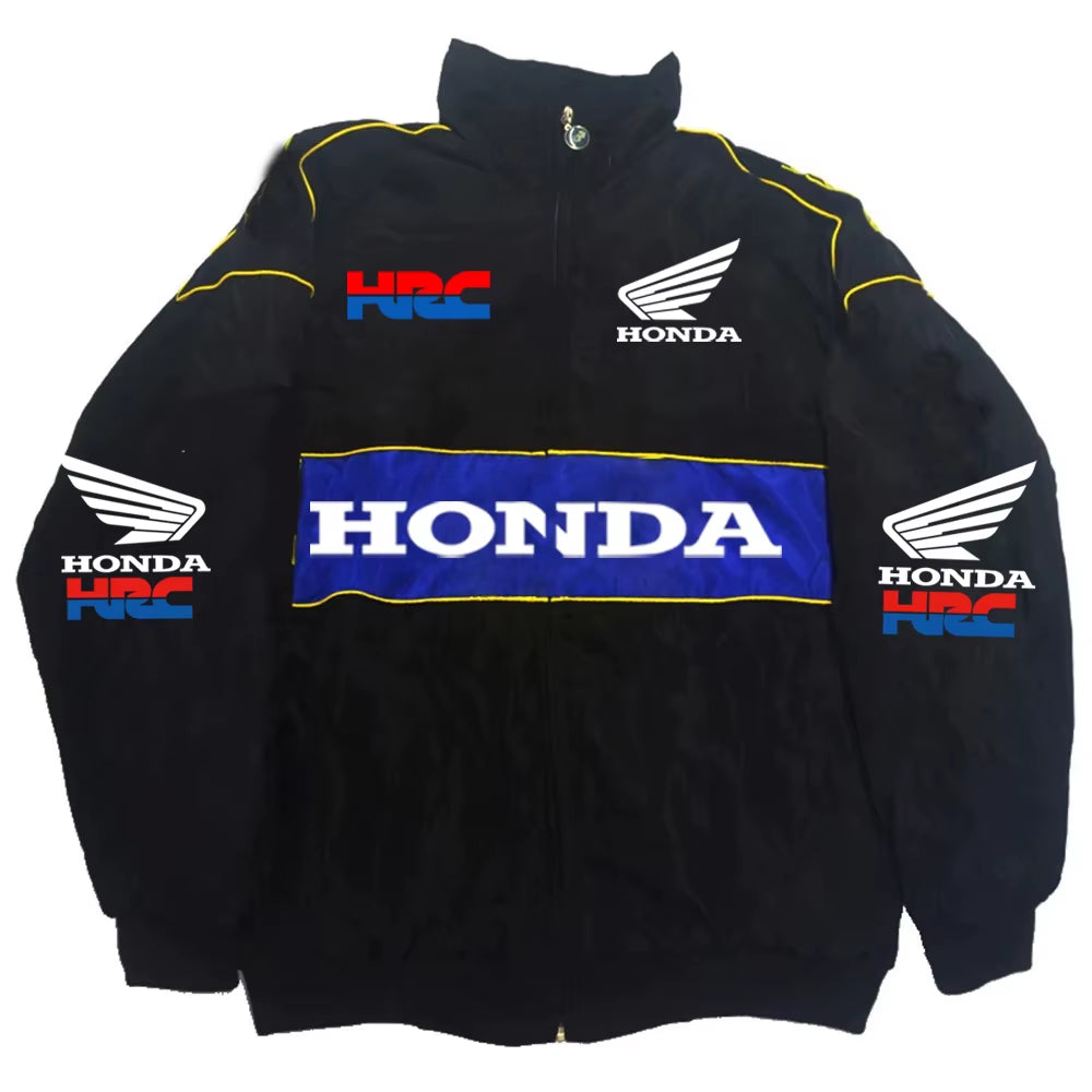 Men'S Winter Racing Jacket: Stand Collar Vintage Style with Custom Back Print, Logo Design & Windproof Features